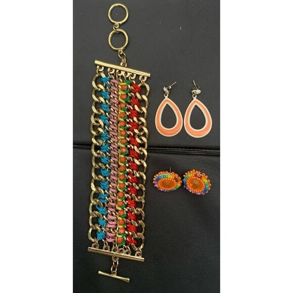 Gold Tone And Bright Multi Color Toggle Bracelet & Fun Bright Earring Lot Boho - Picture 1 of 3